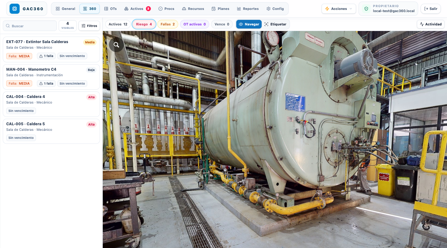 Vista 360 de una instalación industrial con activos identificados en GAC360